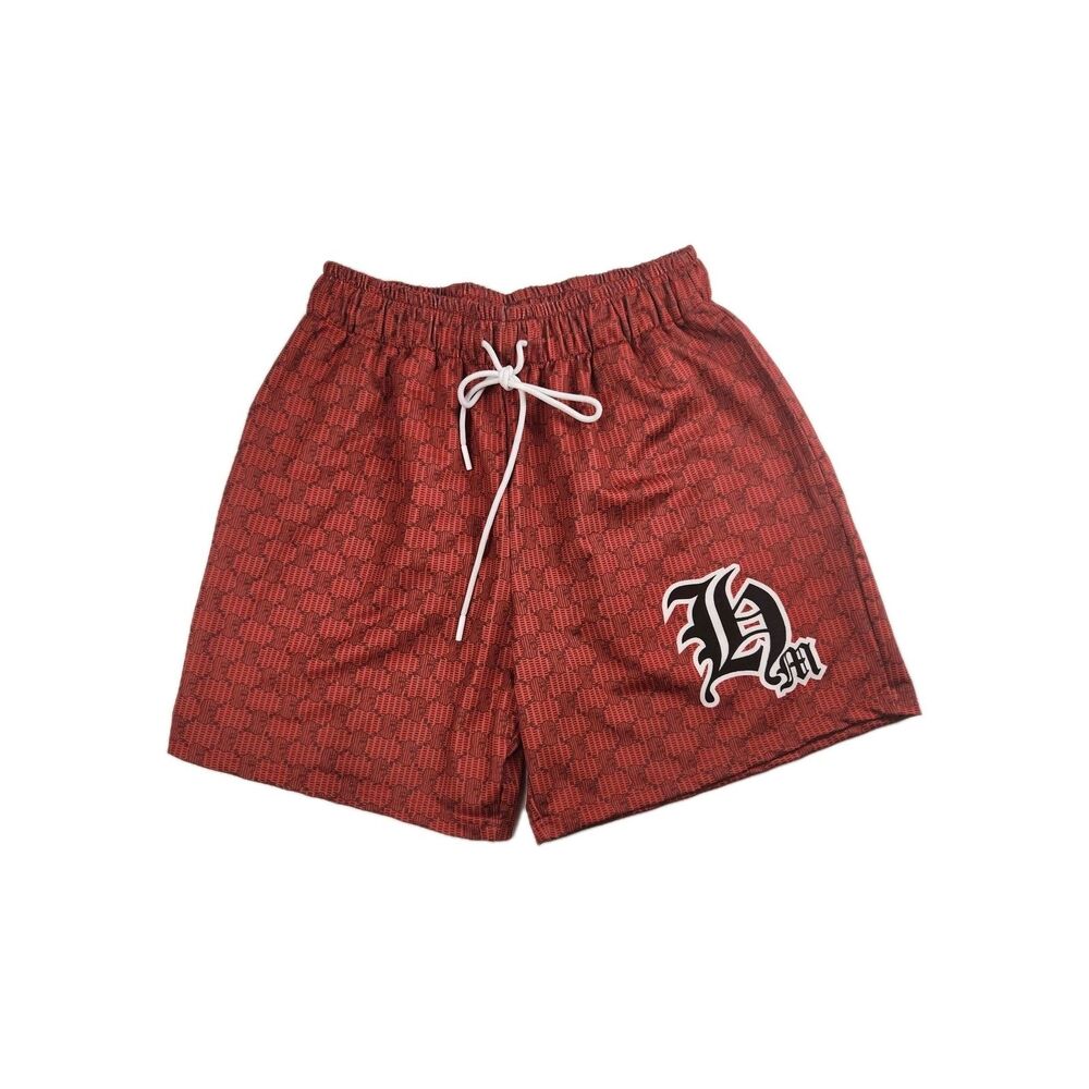 Muerte Ski Mask Pattern Shorts Mens L Red Mesh Pockets Logo Stretch